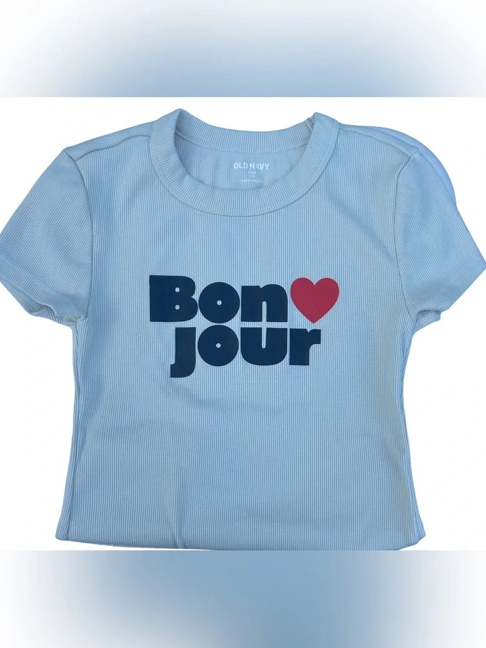 Old Navy Cream Short Sleeve Tee with Navy 'Bonjour' Text and Red Heart Girls XXS